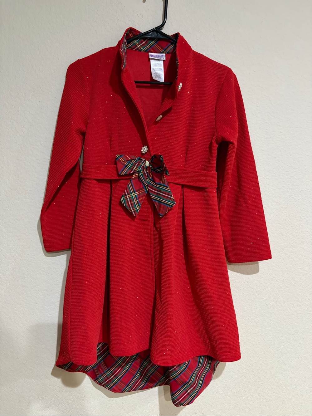 Blueberi Boulevard Girls 12 Red Christmas Holiday Dress Coat Plaid Bow Sparkle